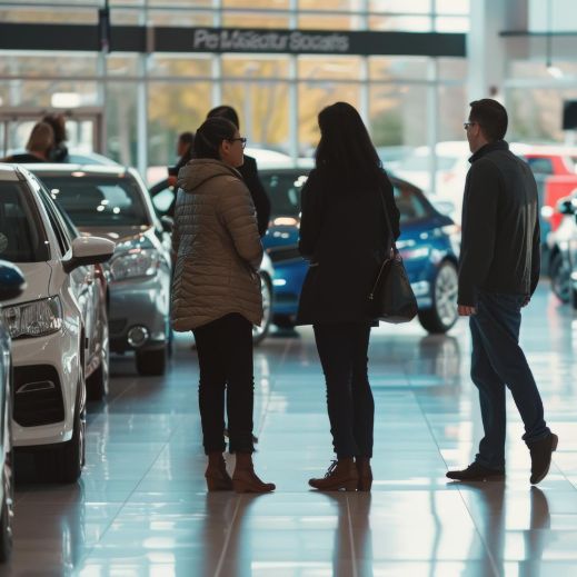 Bilde av en bil ogtre personer som ser på biler hos en bilforhandler